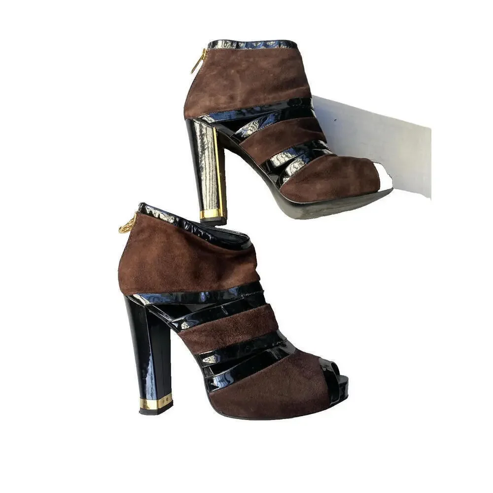 Tory Burch Lucille US-7 Peep Toe Ankle Booties Black Brown Shoes Platform Suede